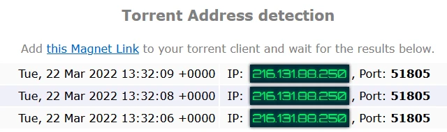 The detected IP when torrenting with IPVanish