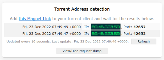 The IP detected when performing a torrent detection test connected to Surfshark