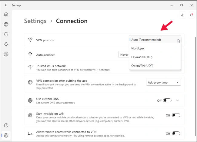 A screenshot of NordVPN's settings, illustrating how to change between UDP and TCP protocols.