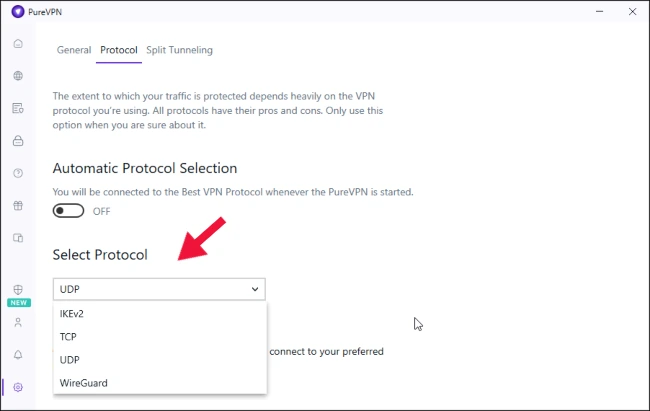 A screenshot of the settings tab in PureVPN, showing how to switch between UDP and TCP protocols.