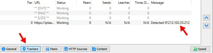A screenshot of a BitTorrent client showing where to find the trackers tab and the torrent IP