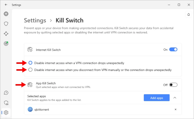 A screenshot showing the different types of kill switches available in the NordVPN software
